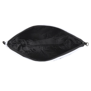 Minimalist white cosmetic pouch with black interior lining and sturdy zipper closure