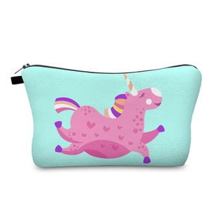 Close-up of sky blue unicorn makeup bag featuring texture detail and durable metal zipper