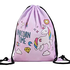 Unicorn Time Digital Printed Drawstring Backpack Lightweight Polyester Storage Bag For Kids Travel Gym Sport Sackpack