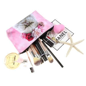 3D printed floral cat makeup bag with brushes, lipstick, and perfume accessories