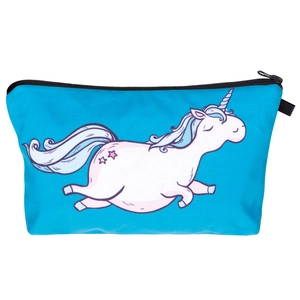 Detailed view of the durable black zipper on the blue unicorn print cosmetic bag