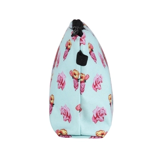 Floral print makeup bag with pink roses on light blue fabric and black zipper closure