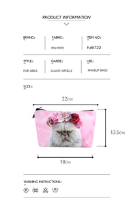 Polyester makeup bag with floral cat print showing size 22x13.5cm and material details