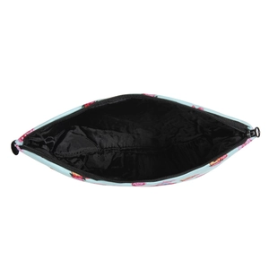Floral makeup bag with pink roses on light blue fabric featuring a black zipper