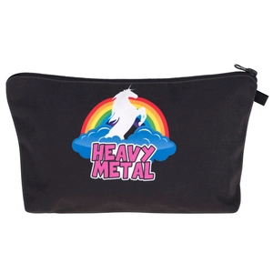 Detail of black unicorn makeup bag with Heavy Metal print and rainbow graphics