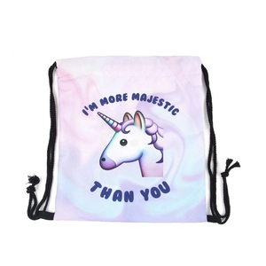 Unicorn drawstring sports backpack with purple marble pattern and majestic slogan