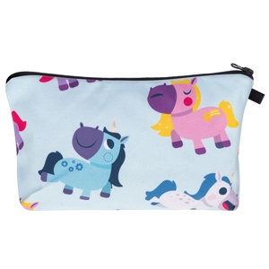Detail of colorful unicorn digital print on light blue polyester travel makeup bag