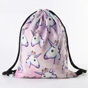 Cute Cartoon Unicorn Digital Print Drawstring Backpack For Women Girls Polyester Travel Storage Cinch Bag With Cotton Rope
