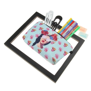 Floral girl print light blue makeup bag with zipper and creative stationery decor