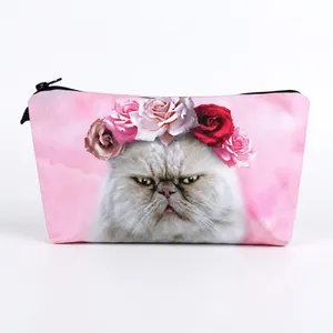Women's 3D Print Cat Flower Wreath Cosmetic Bag Multifunctional Travel Toiletry Organizer Polyester Zipper Pouch Handbag