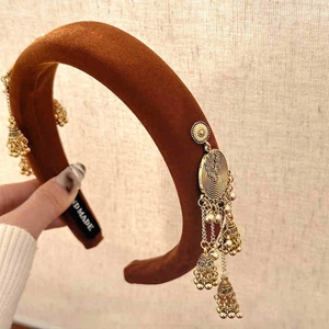 Brown velvet handmade headband with vintage gold tassel charms and ethnic fringe