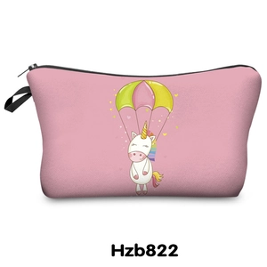 Close-up of pink makeup bag with cartoon unicorn and rainbow parachute print