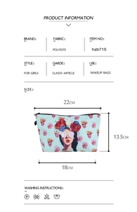 Detailed size specifications for a floral girl print polyester makeup bag in light blue
