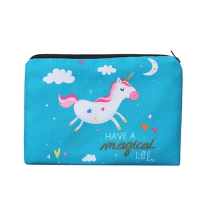 Detailed close-up of blue 3D unicorn print makeup bag with durable black zipper closure