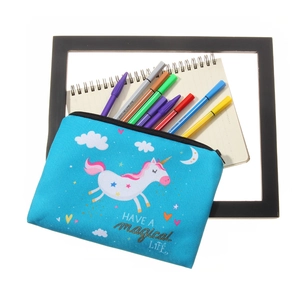 Blue canvas unicorn makeup pouch with 3D print and Have a magical Life text slogan