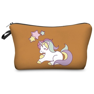 Detail of unicorn digital print on caramel makeup bag with zipper and strap