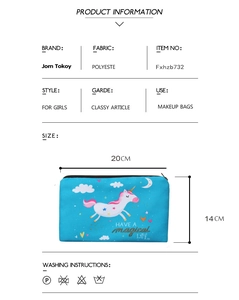 Detailed view of unicorn 3D print cosmetic bag with size specs 20x14cm and golden zipper