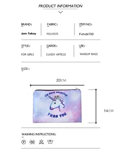Tableau des tailles avec dimensions 20x14cm et détails de la trousse licorne