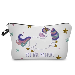 Close-up of white makeup bag with colorful unicorn print and You Are Magical text