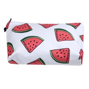 Detail view of watermelon print cosmetic bag with high-quality black zipper closure