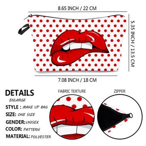 Polyester makeup bag with red lip print and white dots including size measurements
