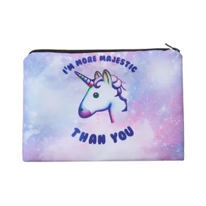 Trousse à Maquillage Imprimée Licorne Ciel Étoilé pour Femmes Filles Polyester Fermeture Éclair Sac de Rangement Cosmétique de Voyage Étui à Crayons