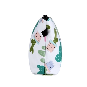 Fashionable cactus print cosmetic bag with green succulents on white canvas for women