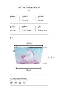 Polyester unicorn makeup bag with size dimensions 22x18x13.5cm and washing instructions