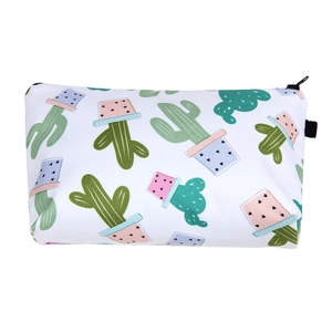 Detailed close-up of a cactus print canvas bag with black zipper and fabric pull tab