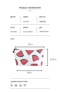 Detail view of watermelon print makeup bag showing precise dimensions and material specs