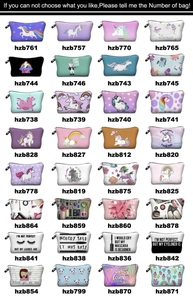 Collage of digital print unicorn makeup bags with various vibrant patterns and zipper