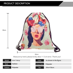 Mint green drawstring backpack featuring floral girl print with detailed size chart