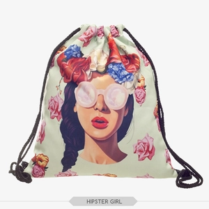 Close-up detail of hipster girl print on a pale green drawstring backpack with floral crown