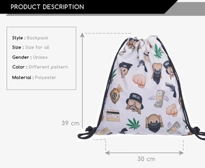Detailed size specifications for the monkey pirate print drawstring polyester cinch bag