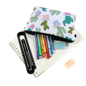 Minimalist cactus print canvas cosmetic bag with stainless steel ruler and stationery set