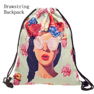 Drawstring backpack featuring floral wreath girl art print with pink sunglasses