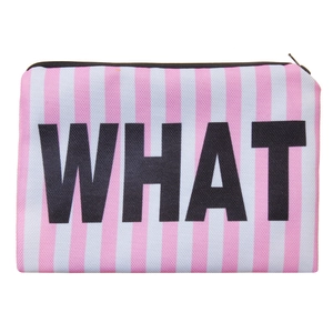 Trousse à maquillage carrée à rayures roses et blanches avec imprimé WHAT et zip