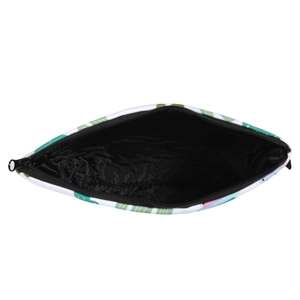 White cactus print makeup bag with green floral patterns and secure top zipper closure