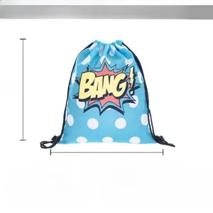 Detailed size chart and material specifications for the blue polka dot polyester drawstring bag