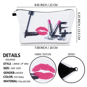 Polyester makeup bag with Love print and dimensions: 22cm top width and 13.5cm height