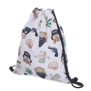 White drawstring backpack with Thug Life monkey print and street style patterns