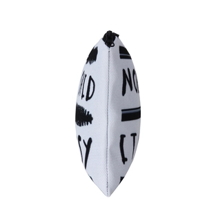 Minimalist canvas makeup bag with 3D black and white letter prints and black zipper closure
