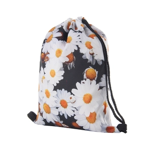 Floral drawstring backpack with white daisy pattern on black background for storage