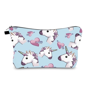 Unicorn digital print makeup bag with zipper closure and soft blue fabric pattern
