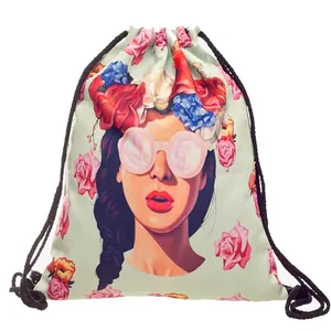 Fashion Girl Print Drawstring Backpack Lightweight Polyester Cinch Bag For Women Floral Sunglasses Design Travel Storage Sack