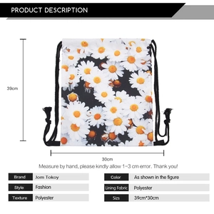 Black polyester drawstring backpack featuring a white daisy floral print and size chart