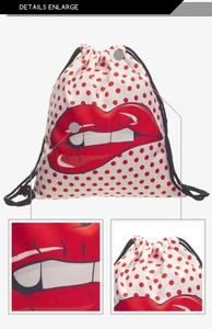 Drawstring backpack with red lips graphic print and bold polka dot pattern