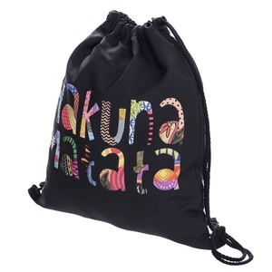 Black Hakuna Matata drawstring backpack with colorful patterns and polyester fabric