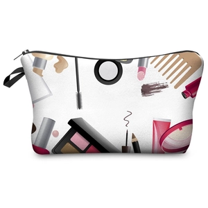 Detail of multi-purpose makeup pouch showing cosmetic prints and black webbing handle