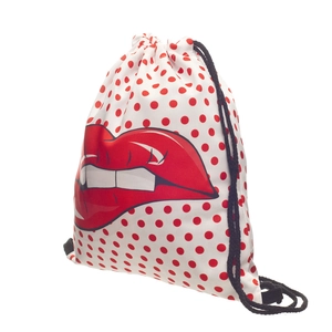 Drawstring backpack featuring red sexy lips digital print and stylish red polka dot pattern